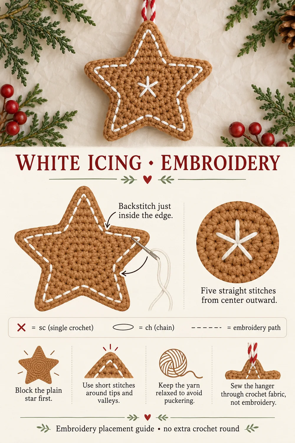 Gingerbread crochet star icing guide showing the embroidered outline and five center spokes