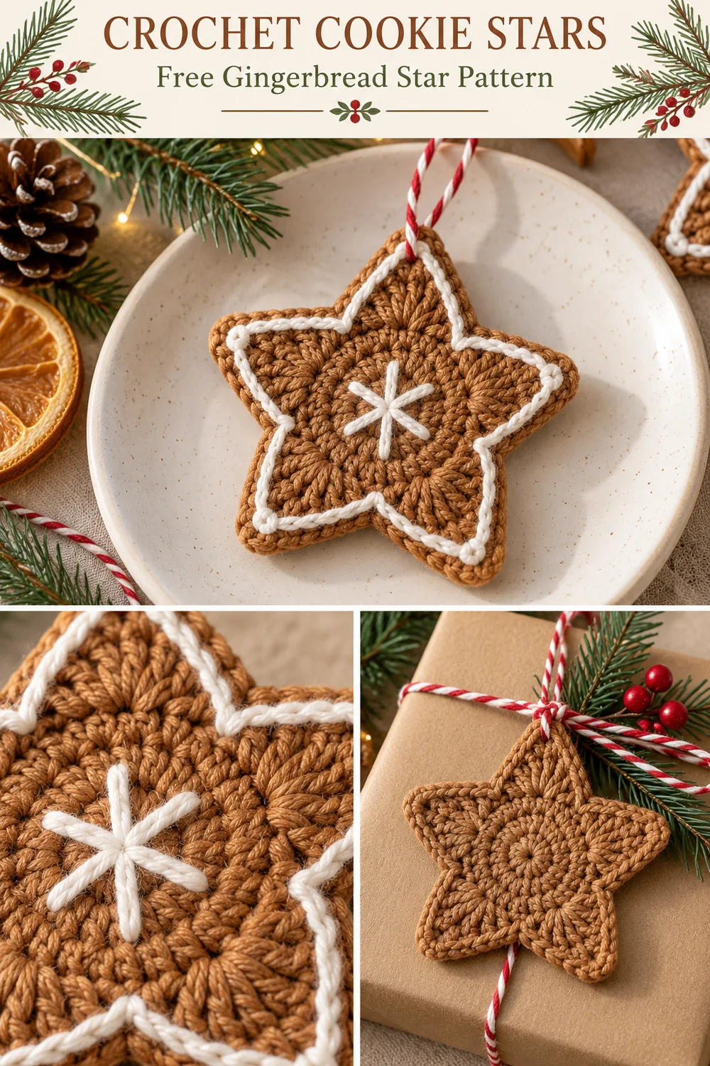 Gingerbread crochet star collage with icing detail and a plain star on a wrapped gift