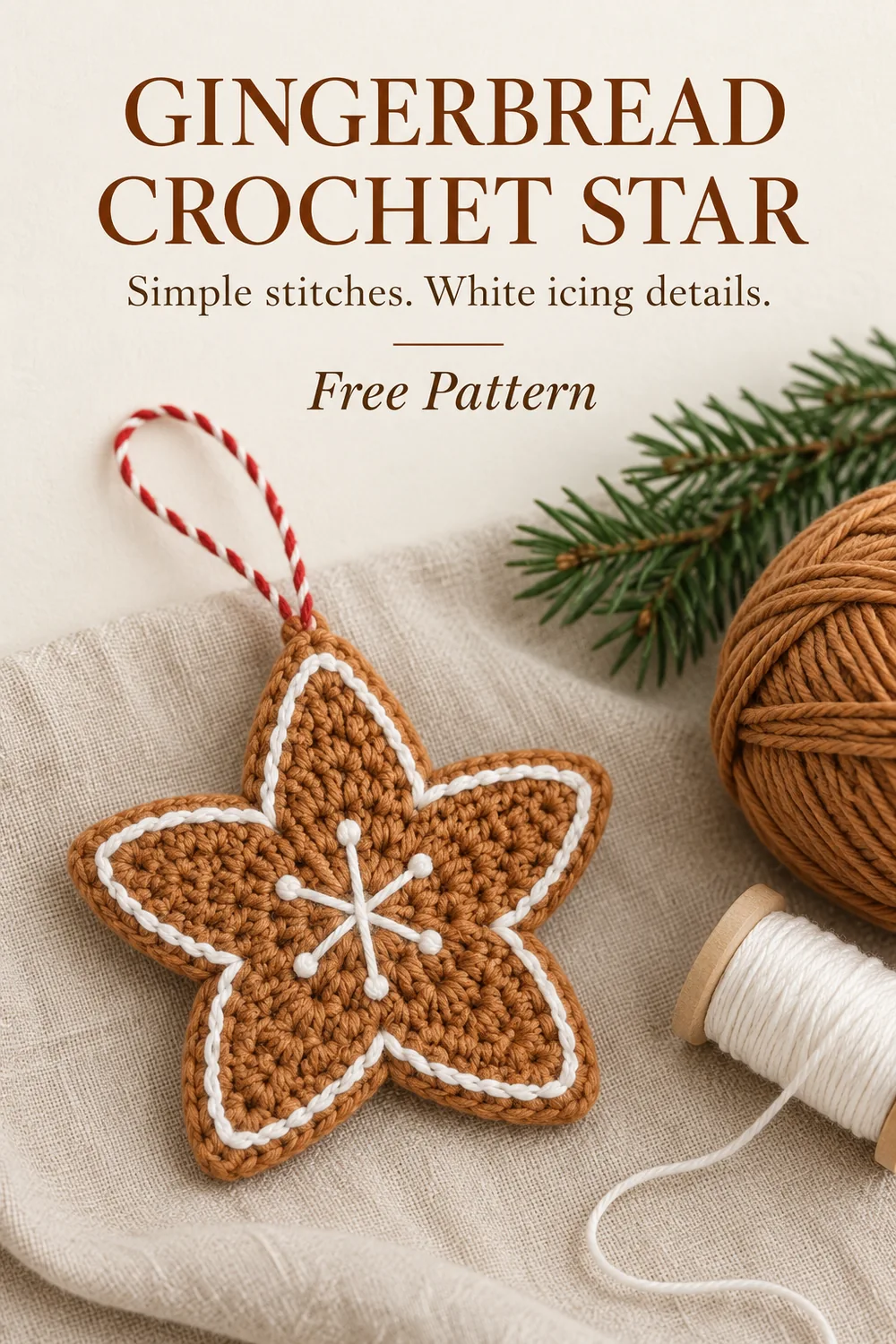 Gingerbread crochet star editorial composition with caramel yarn and white embroidery thread