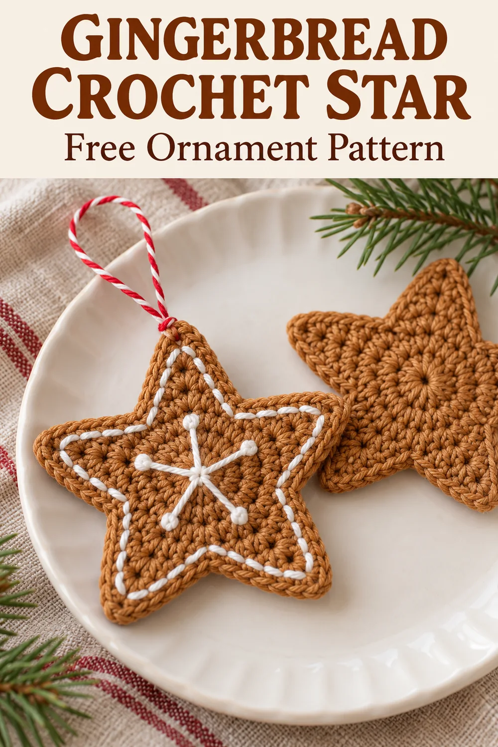 Gingerbread crochet star with a cream header and free ornament pattern title
