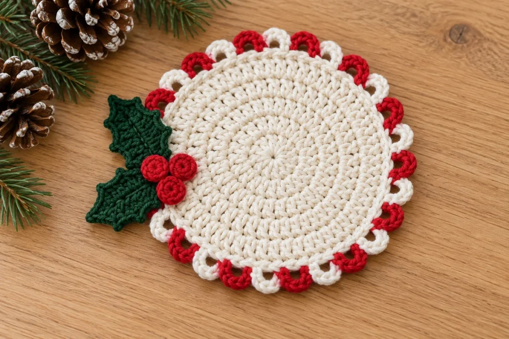 Holly crochet coaster with an ivory center red and white loop border green leaves and three red berries on oak
