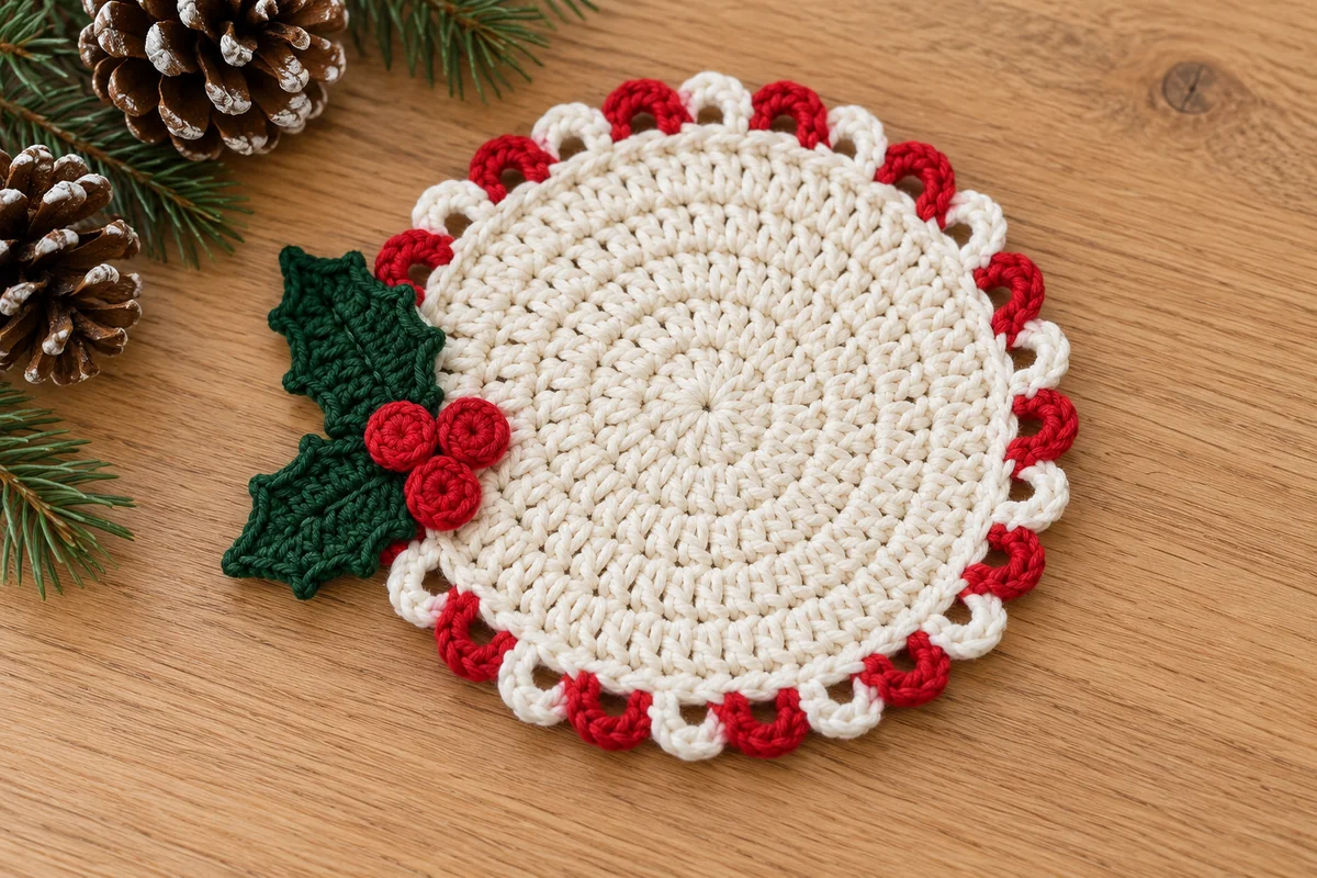 Holly crochet coaster with an ivory center red and white loop border green leaves and three red berries on oak