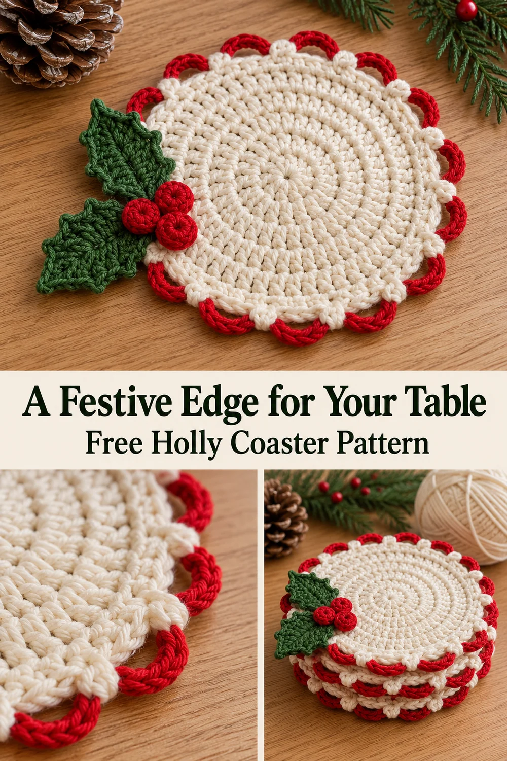 Holly crochet coaster collage showing a finished coaster looped border and matching stack