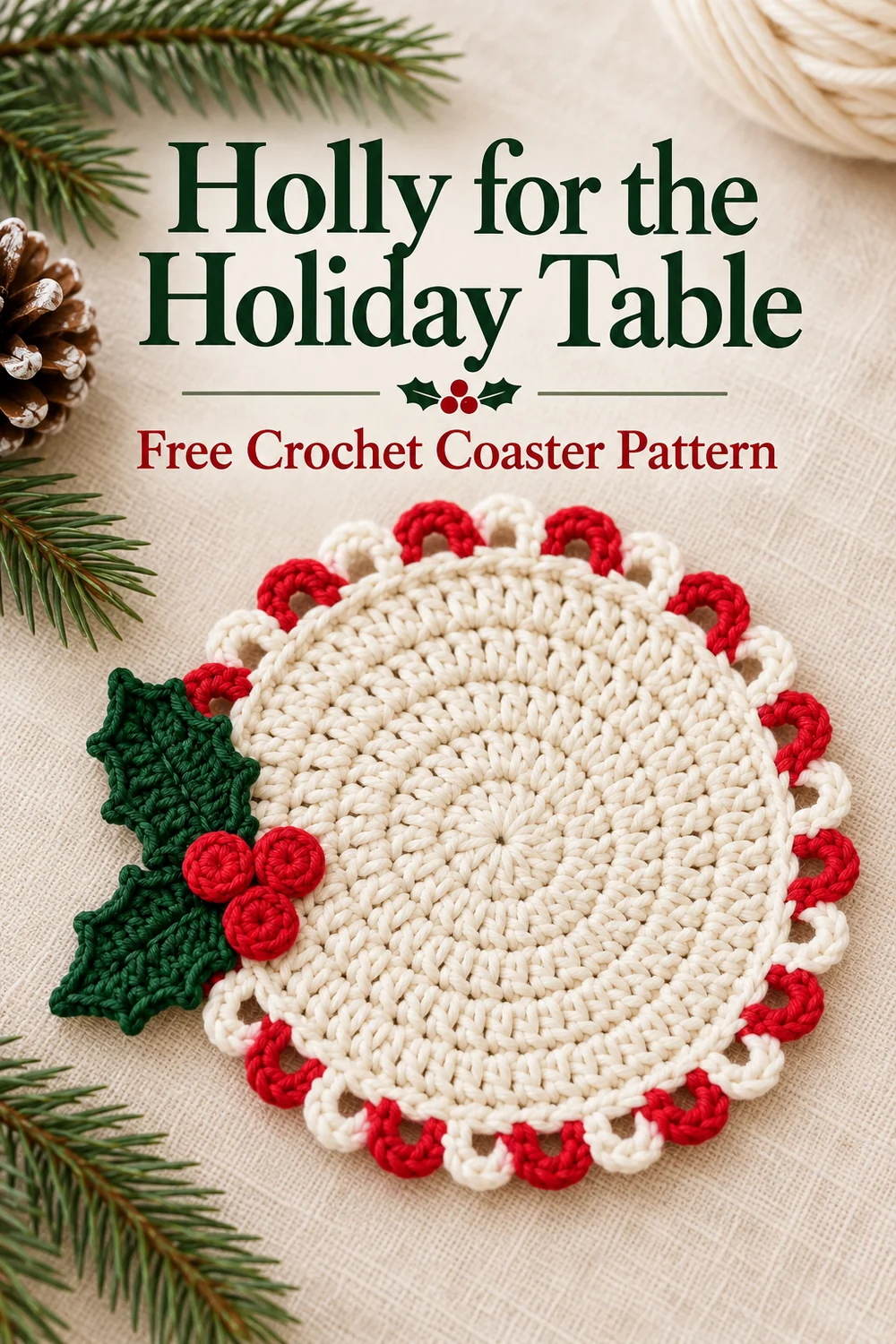 Holly crochet coaster on linen with Holly for the Holiday Table title