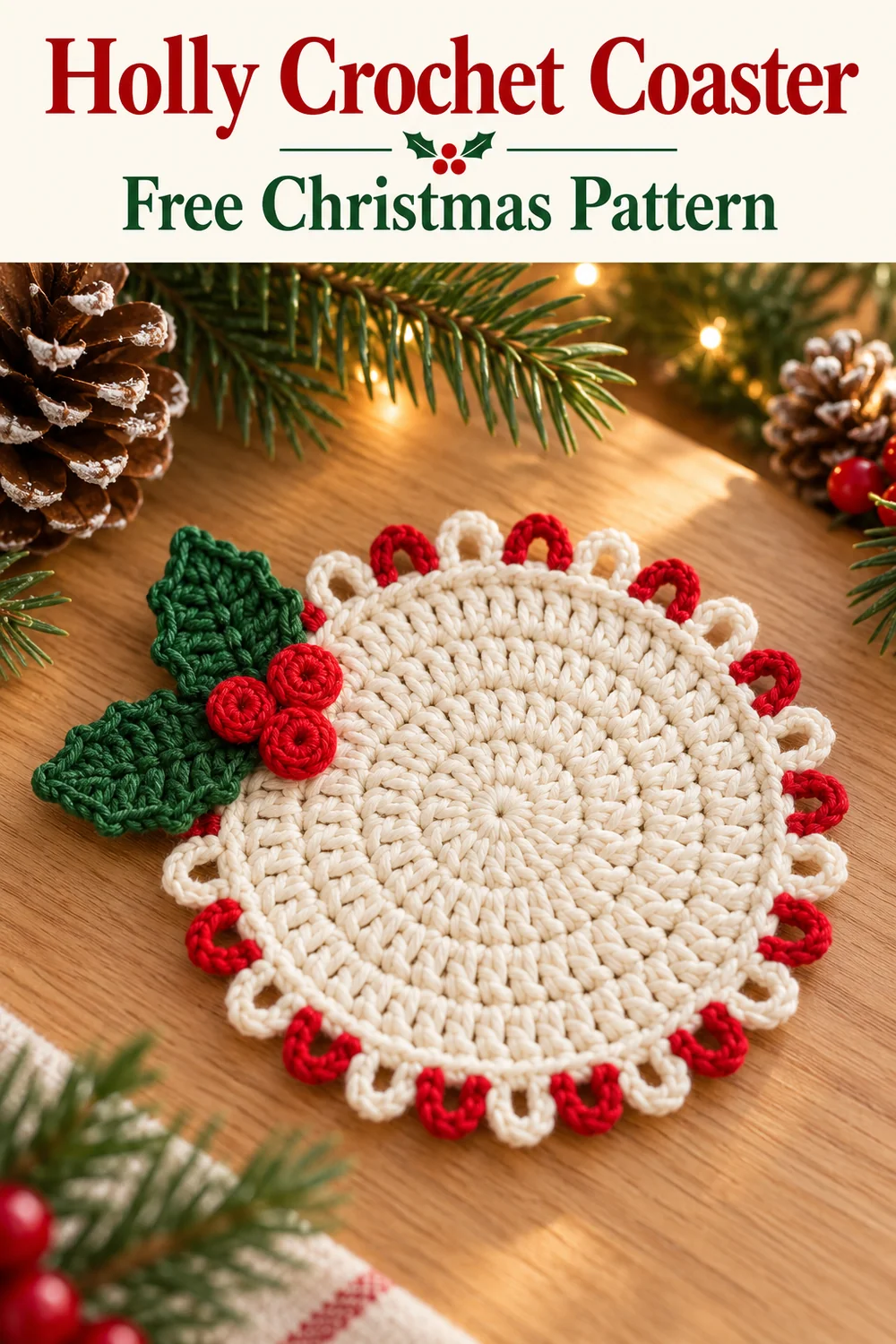 Holly crochet coaster beneath a Free Christmas Pattern header