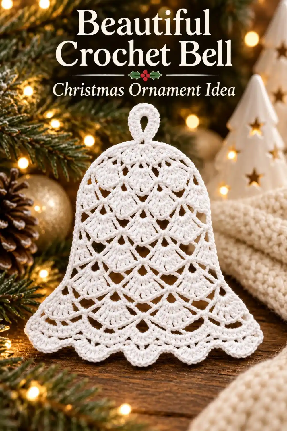 Close view of the open shells and scalloped rim of a white crochet Christmas bell.