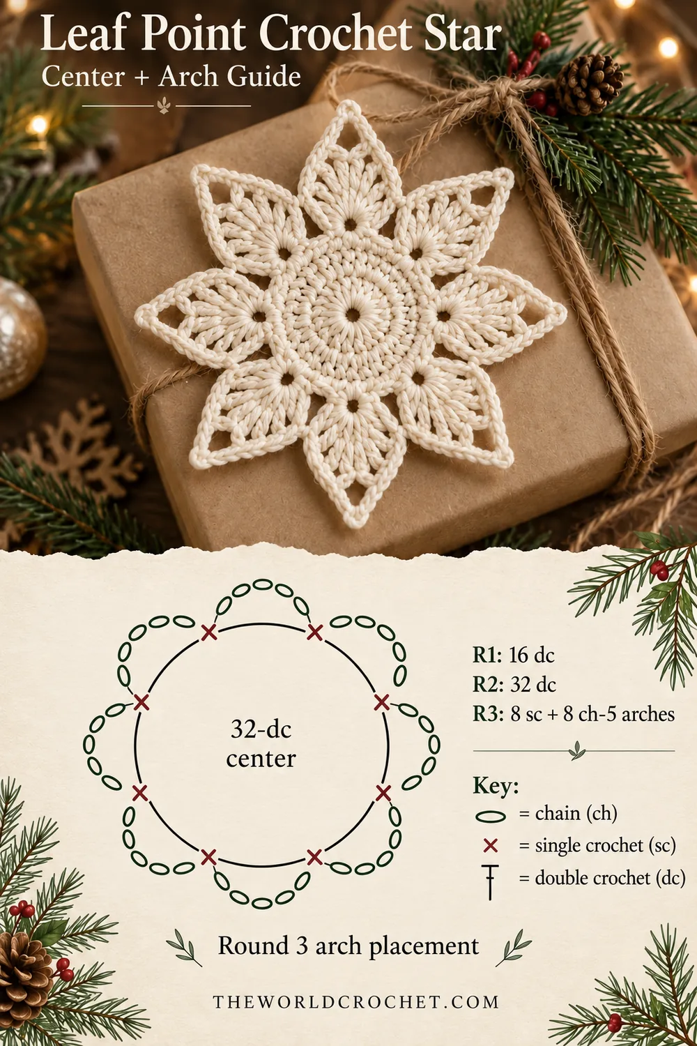 Leaf point crochet star center and eight chain arch diagram
