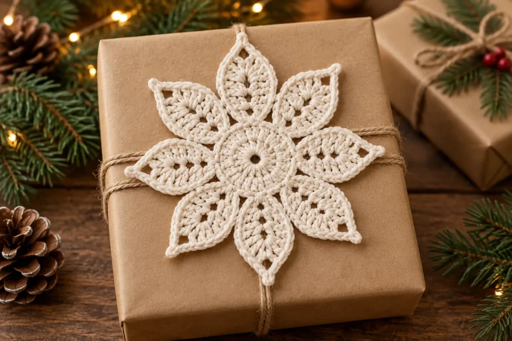Leaf point crochet star in ivory cotton on a kraft wrapped gift