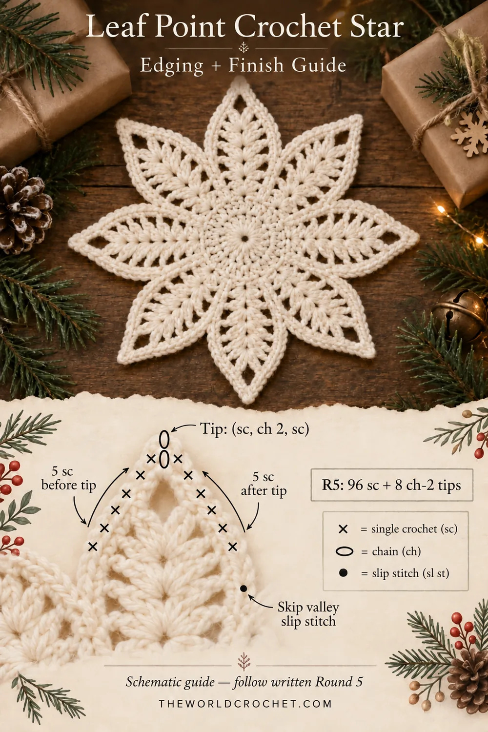 Leaf Point Crochet Star: Free 8-Point Ornament Pattern