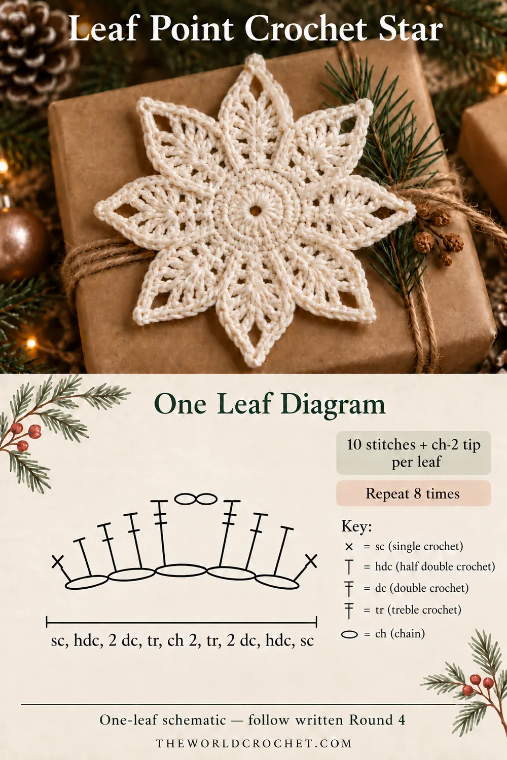 Leaf point crochet star one leaf stitch sequence diagram