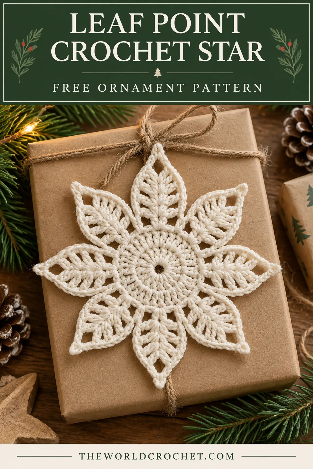 Leaf point crochet star with green header and free ornament pattern title