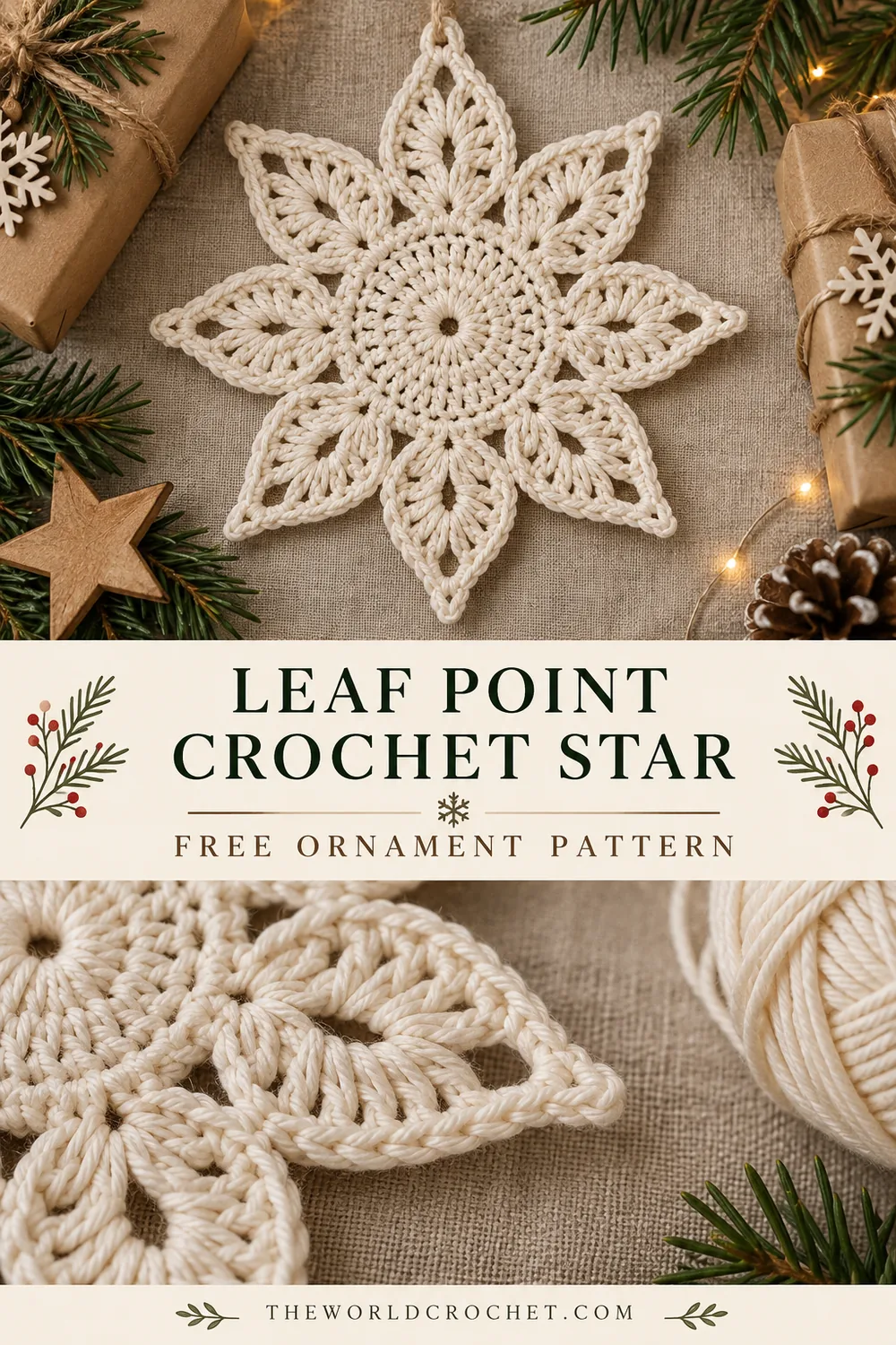 Leaf point crochet star collage with full ornament and stitch closeup