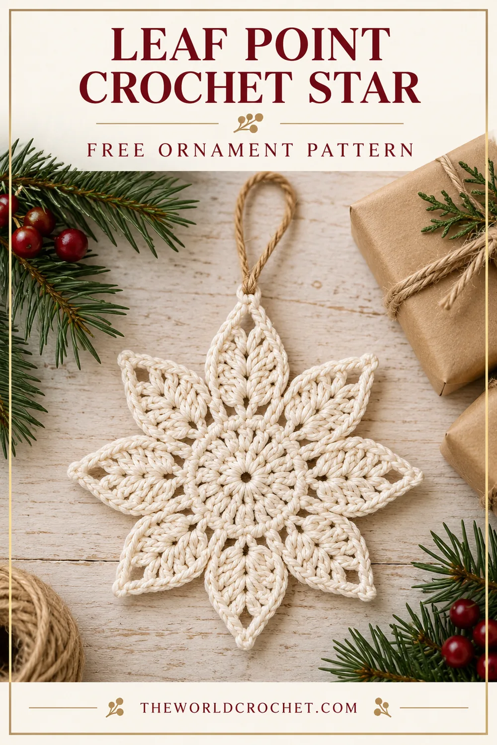 Leaf point crochet star on pale wood with cream editorial layout