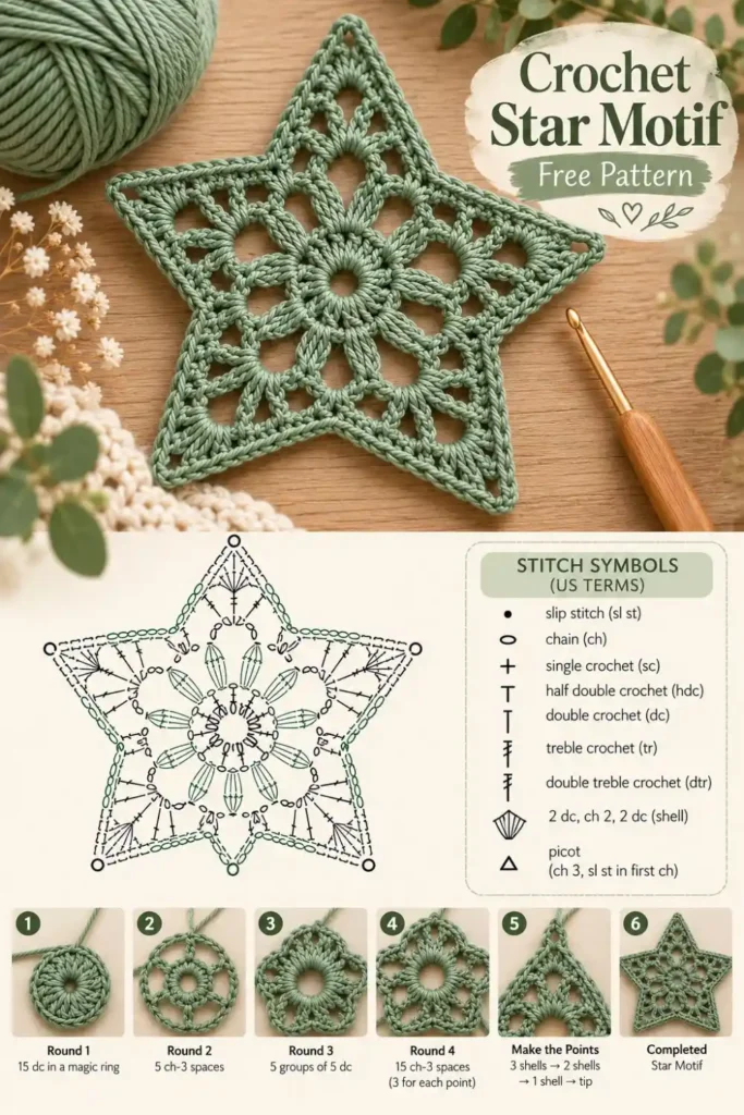 green crochet star motif with openwork lace design