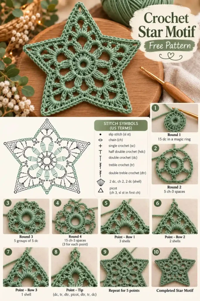 green crochet star motif with openwork lace design