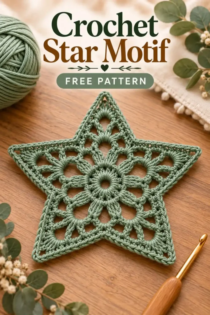 green crochet star motif with openwork lace design