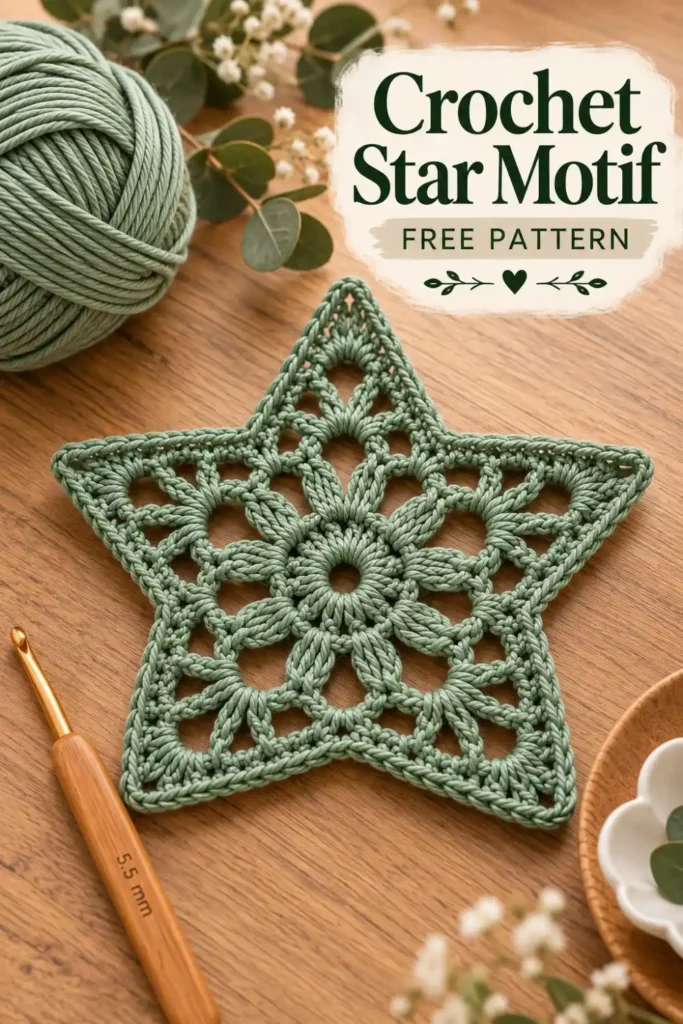 green crochet star motif with openwork lace design