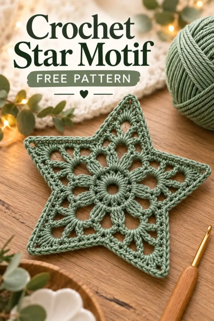 green crochet star motif with openwork lace design