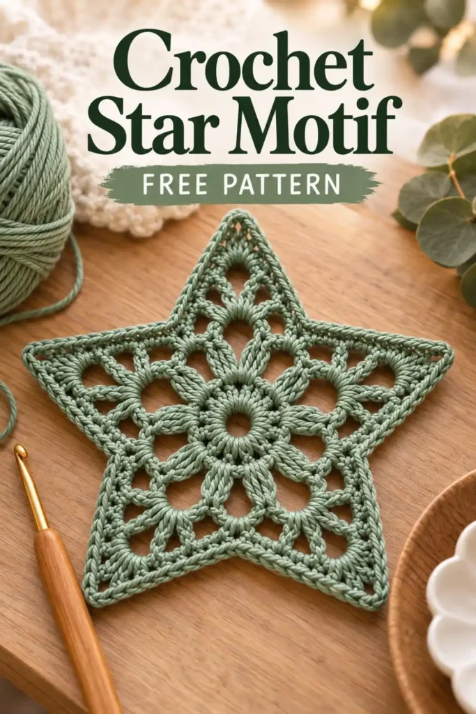 green crochet star motif with openwork lace design