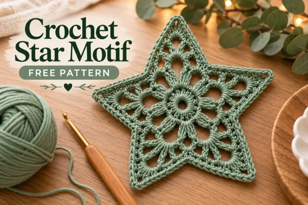green crochet star motif with openwork lace design