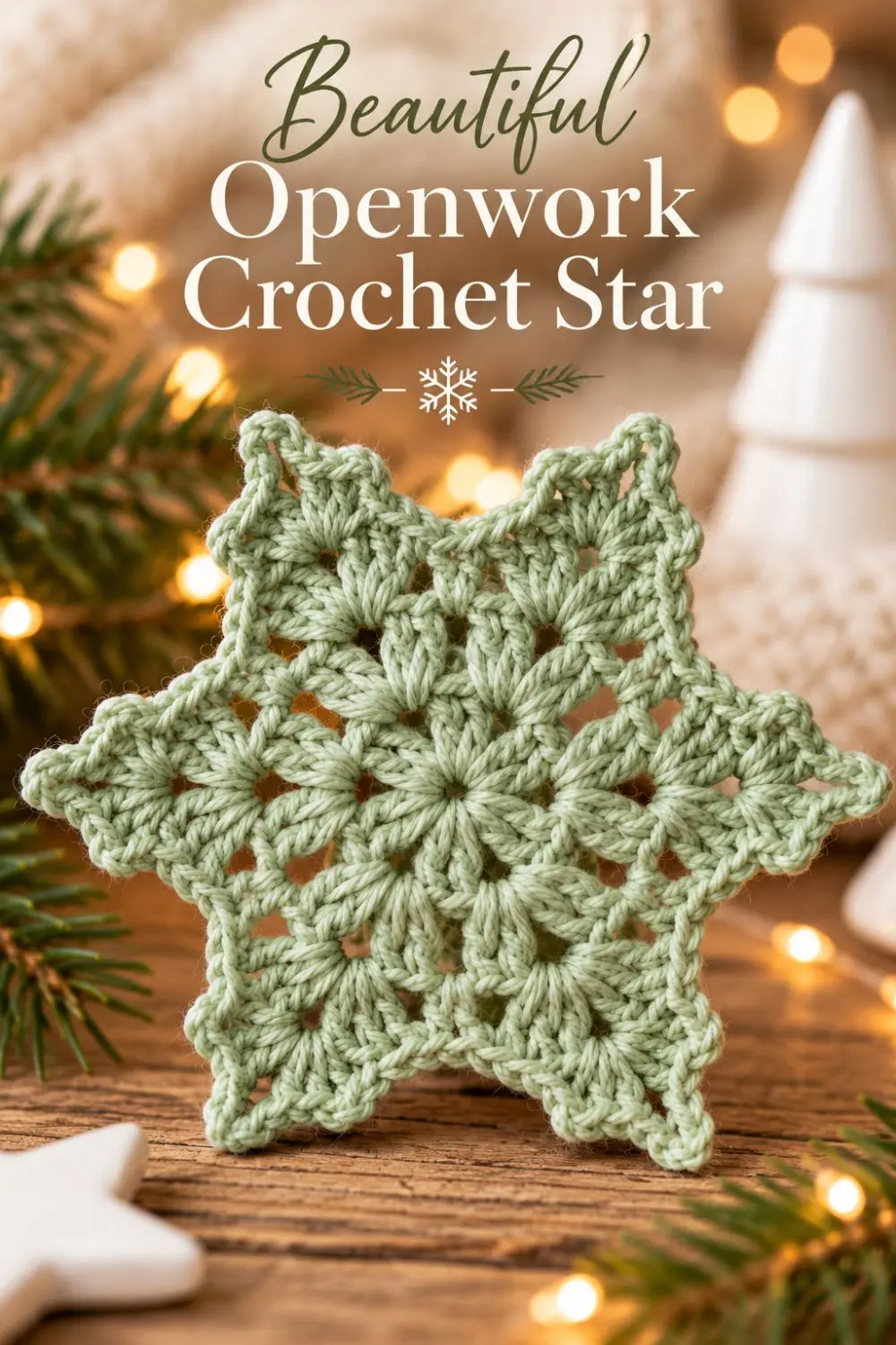 Close-up of raised petals in a sage green crochet snowflake.
