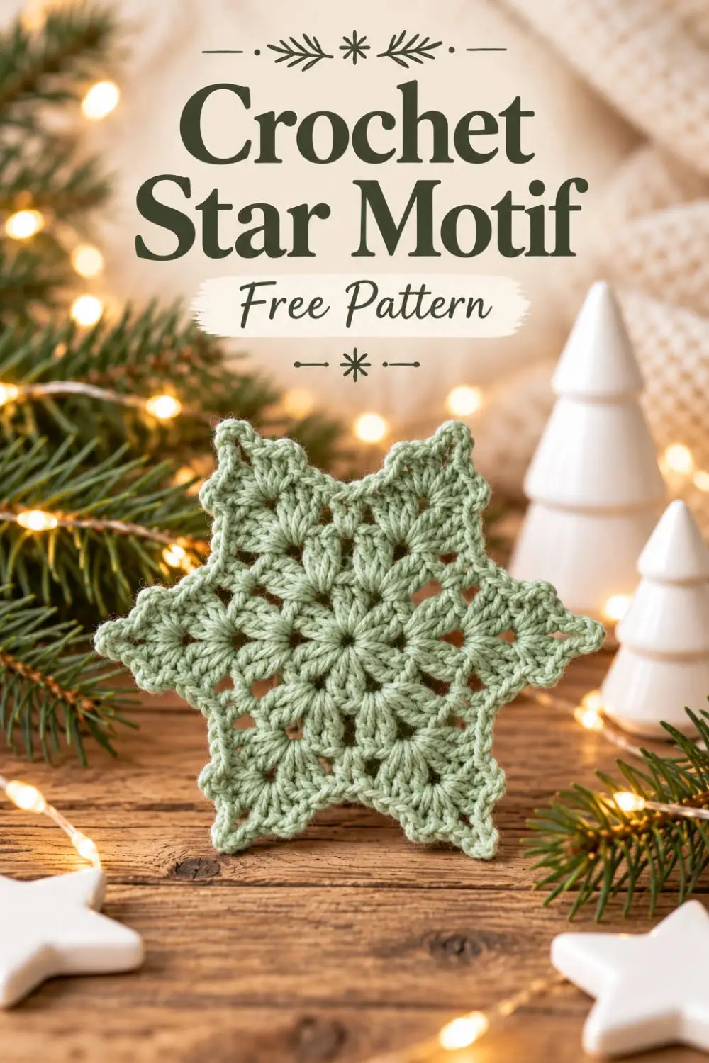 Sage green floral crochet snowflake beneath Crochet Star Motif Free Pattern lettering.