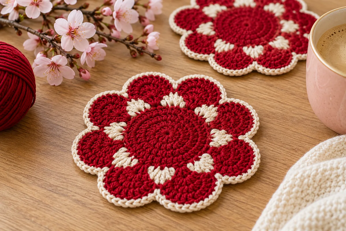 Red and cream flower coaster with eight scalloped petals beside cherry blossoms and a pink coffee cup