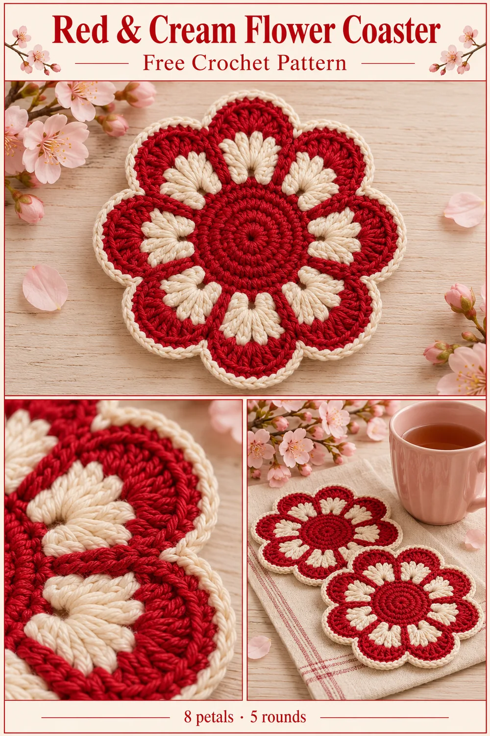 Red and cream flower coaster collage showing the whole flower petal detail and a matching pair