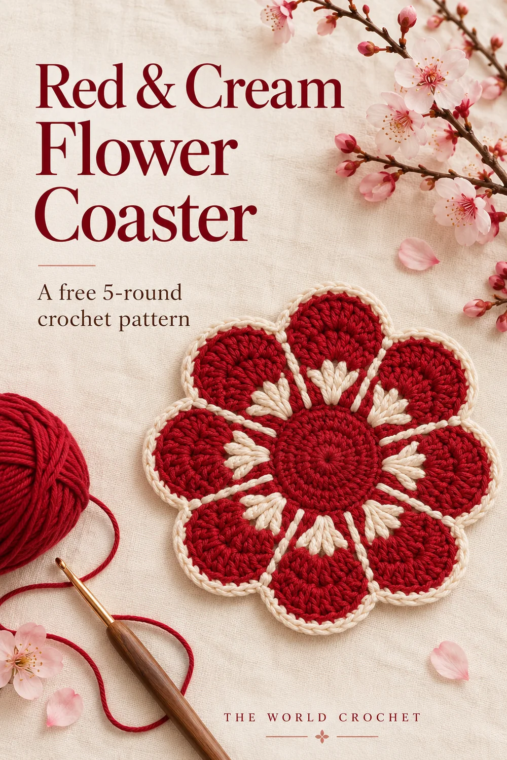 Red and cream flower coaster on ivory linen with red yarn and a large editorial title