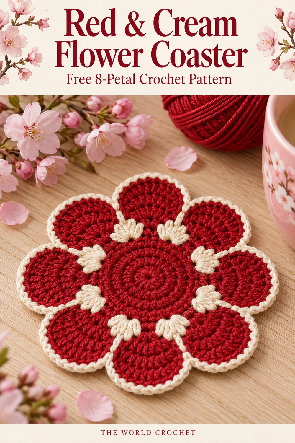 Red and cream flower coaster with a cream title header and free eight-petal crochet pattern text