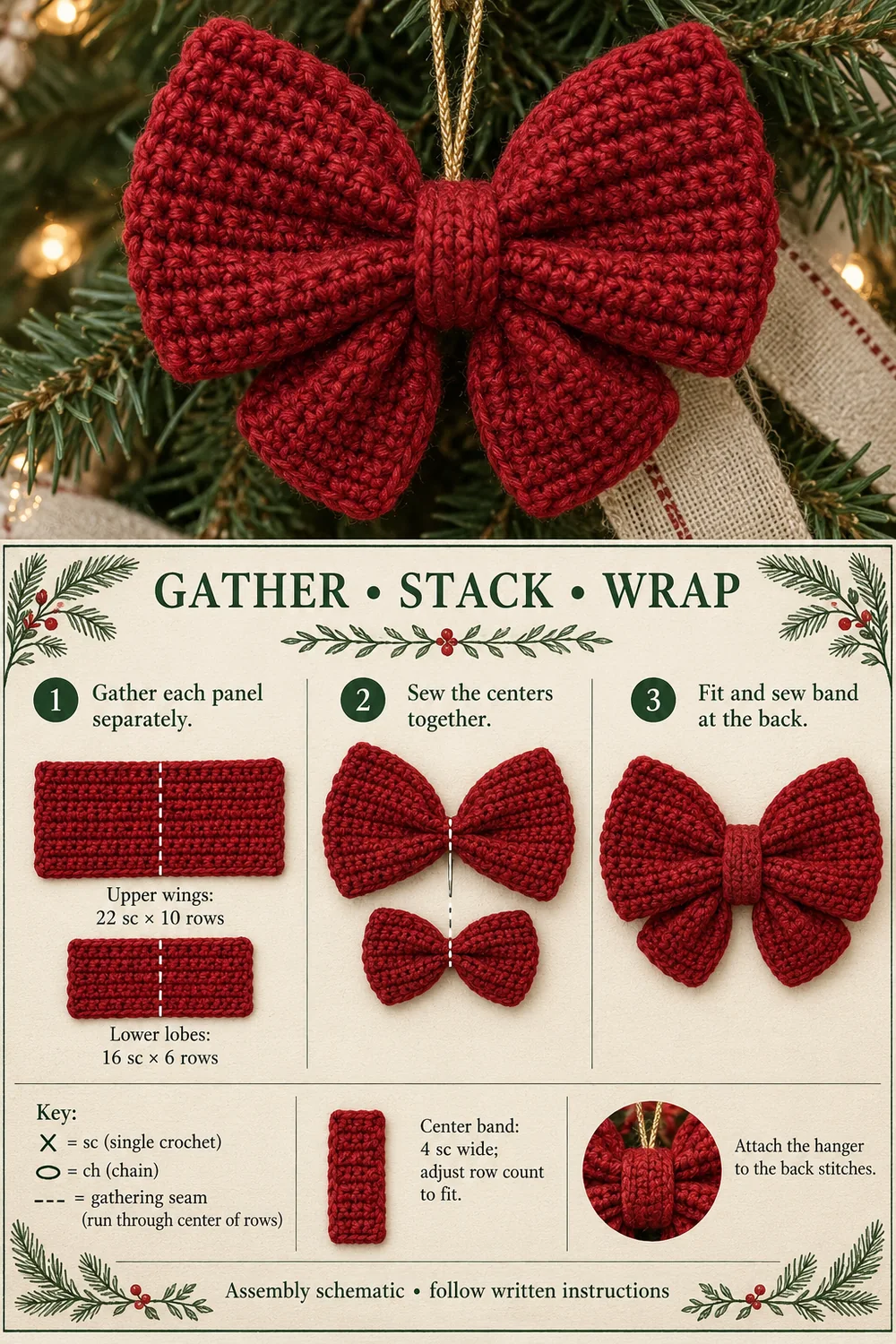 Ribbed crochet Christmas bow assembly guide with gathering lines two panels and center band