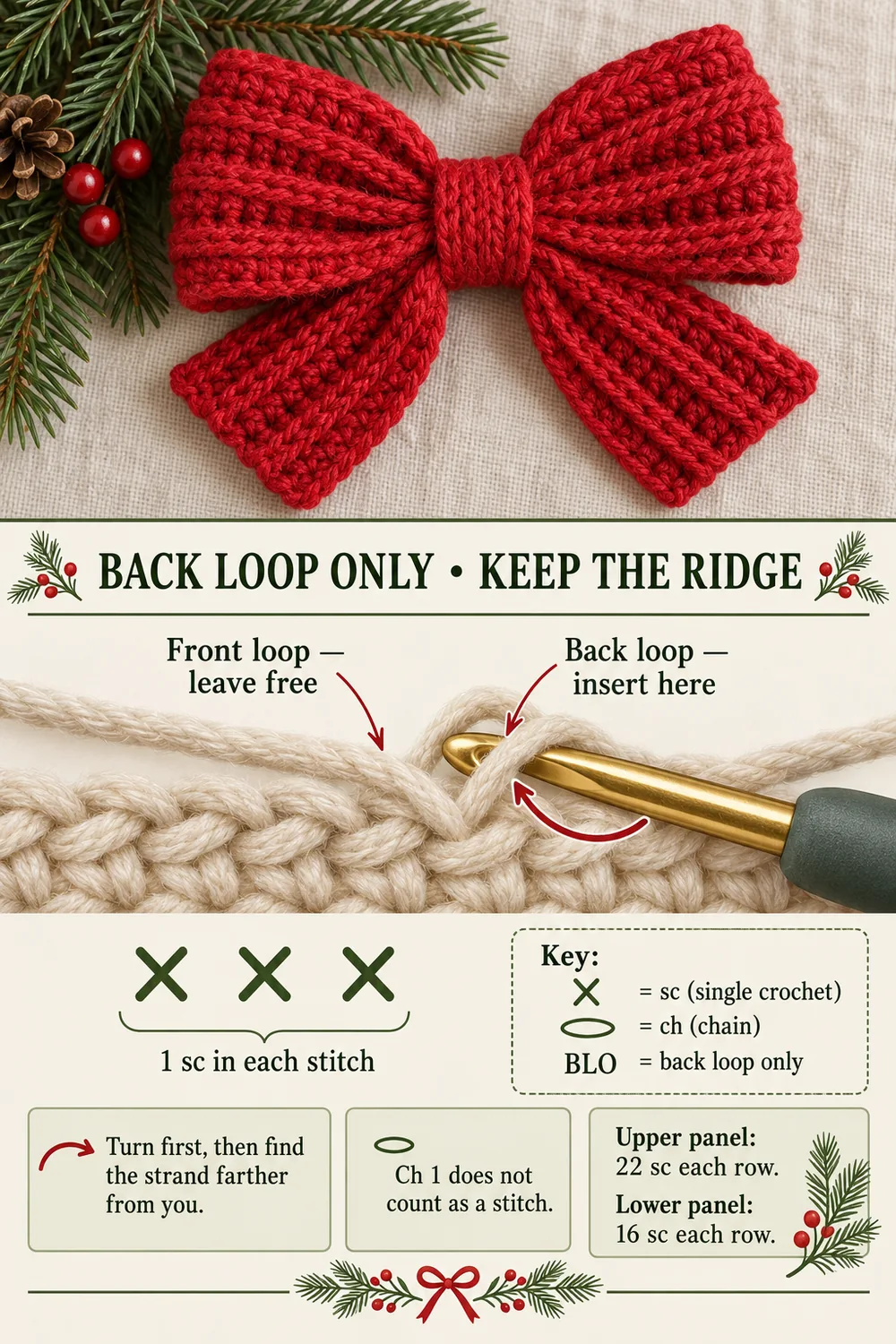 Ribbed crochet Christmas bow guide showing the back loop and row counts