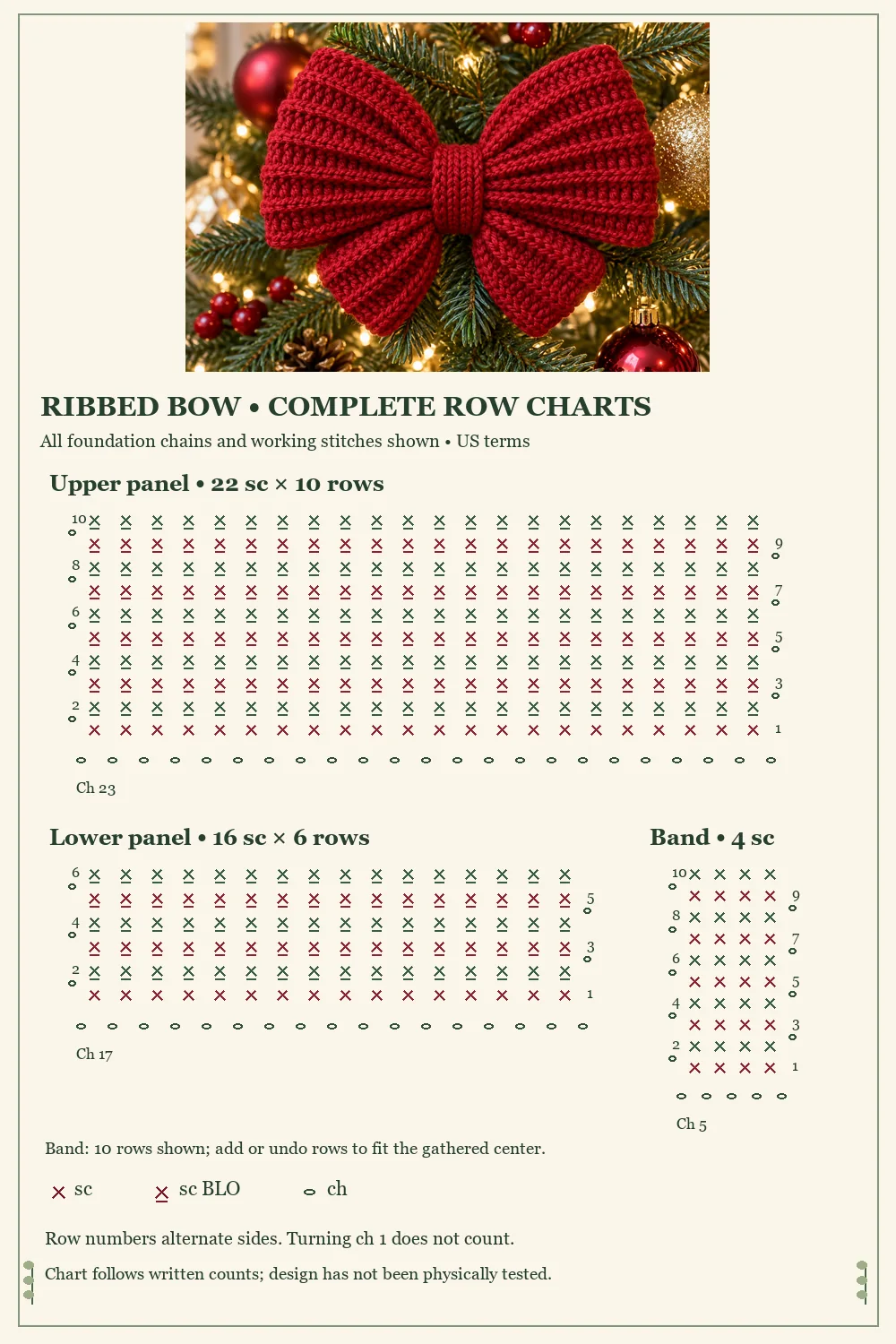 Ribbed crochet Christmas bow complete charts showing every stitch in the upper panel lower panel and center band