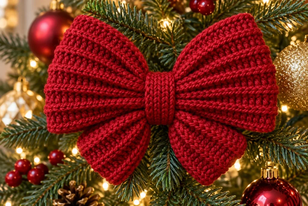 Ribbed crochet Christmas bow with four gathered red lobes on an evergreen branch
