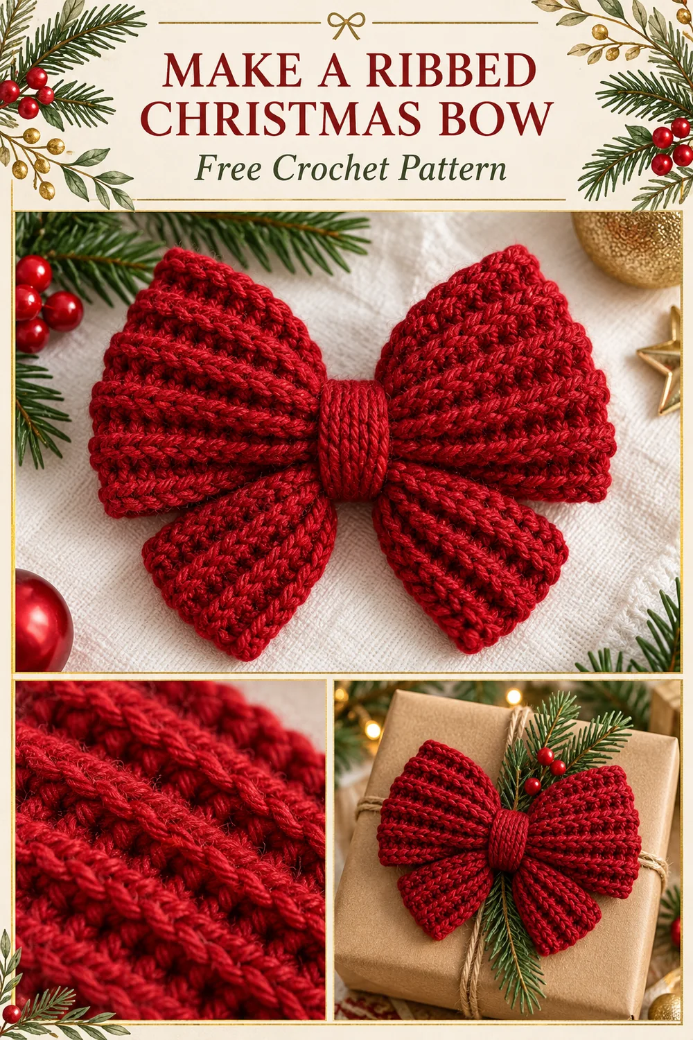 Ribbed crochet Christmas bow collage with stitch texture and a bow on a wrapped gift
