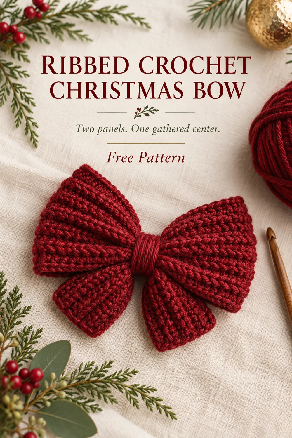 Ribbed crochet Christmas bow on linen beside red yarn and a wooden hook