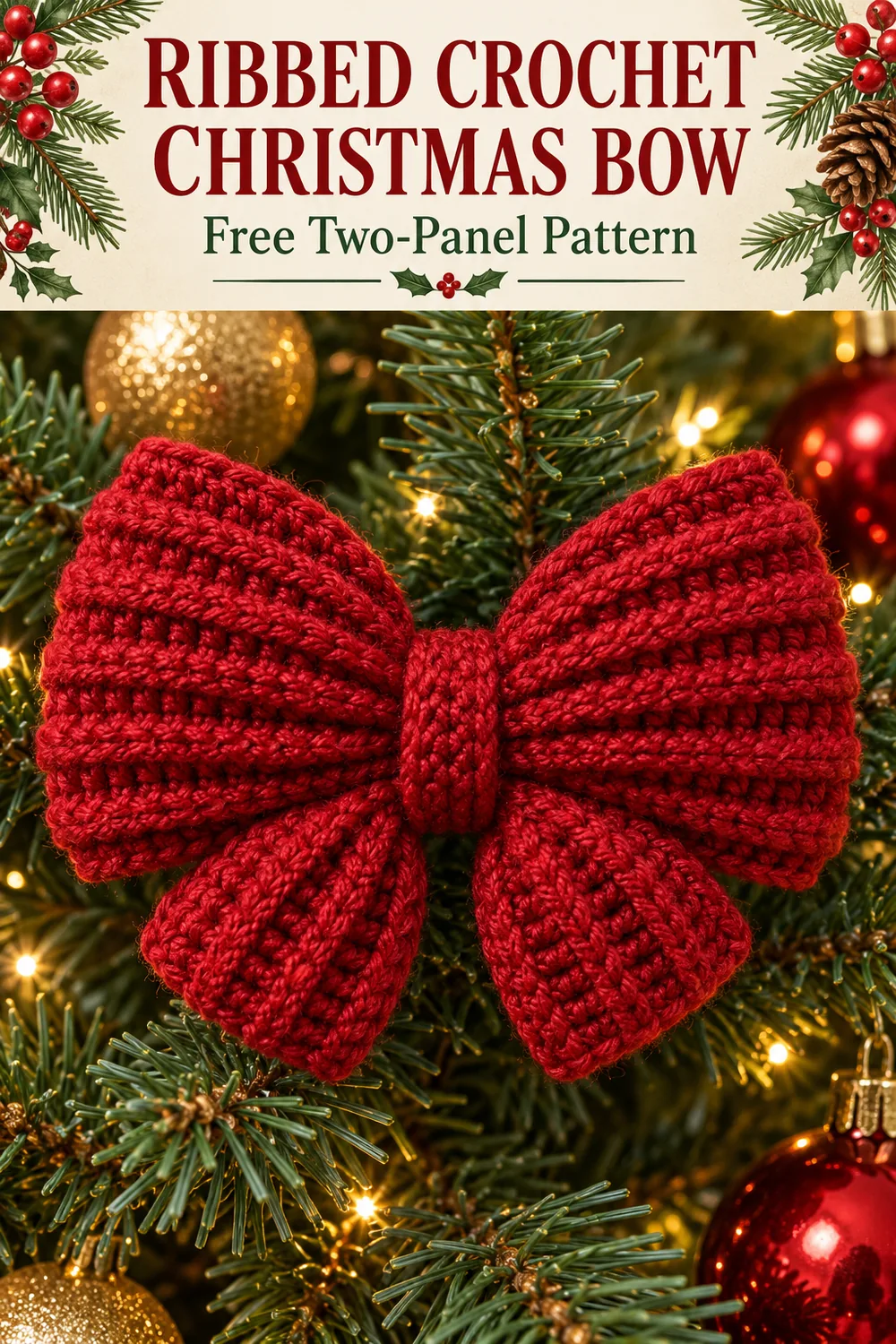Ribbed crochet Christmas bow below a cream free two-panel pattern header