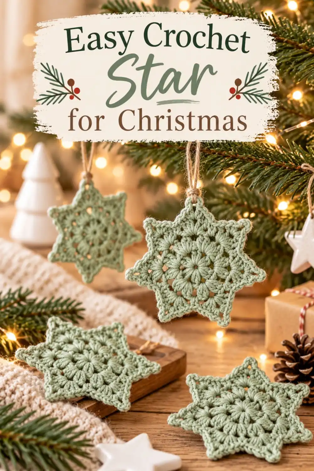Sage green crochet motifs used as Christmas decorations.