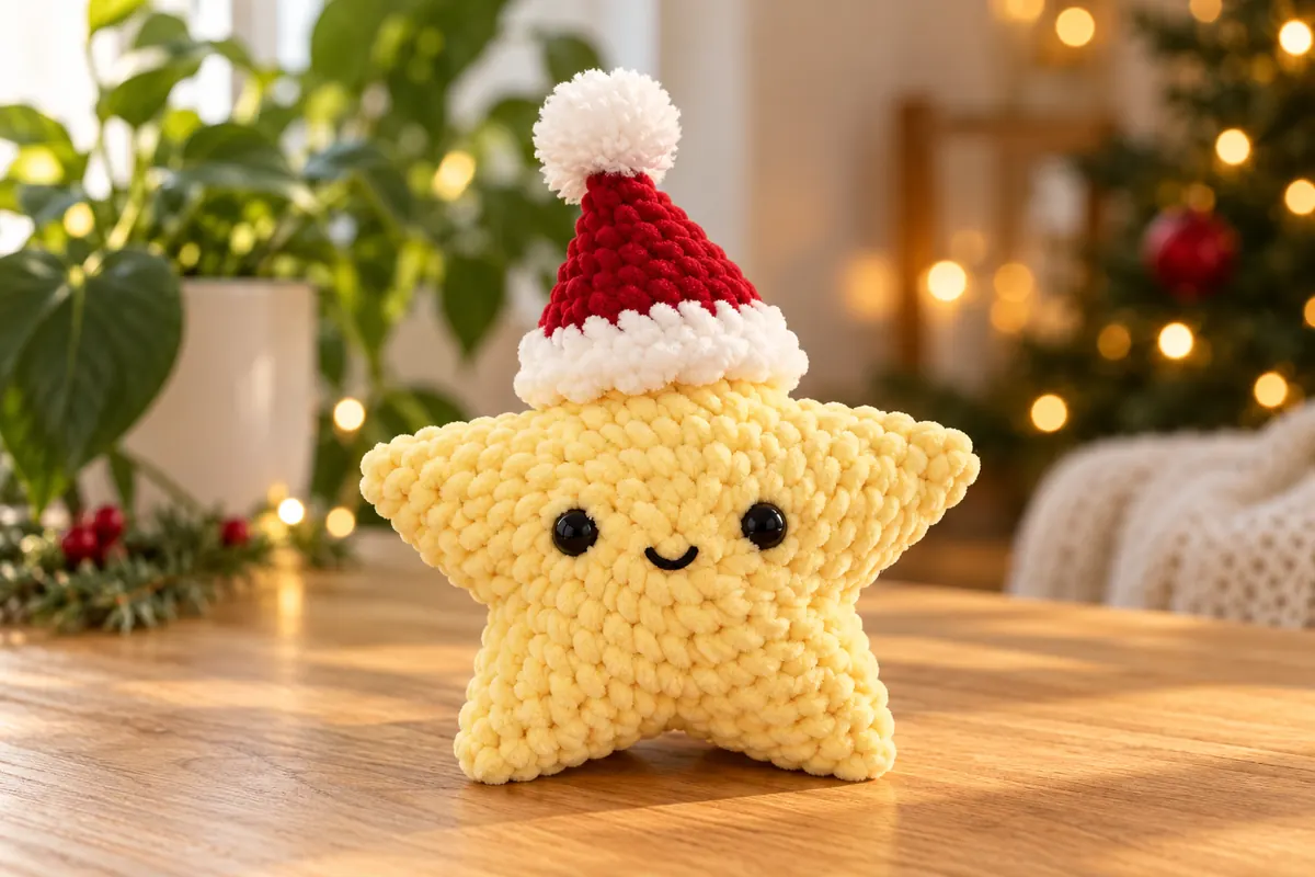 Santa star amigurumi in yellow chenille with a red Santa hat on a wooden table