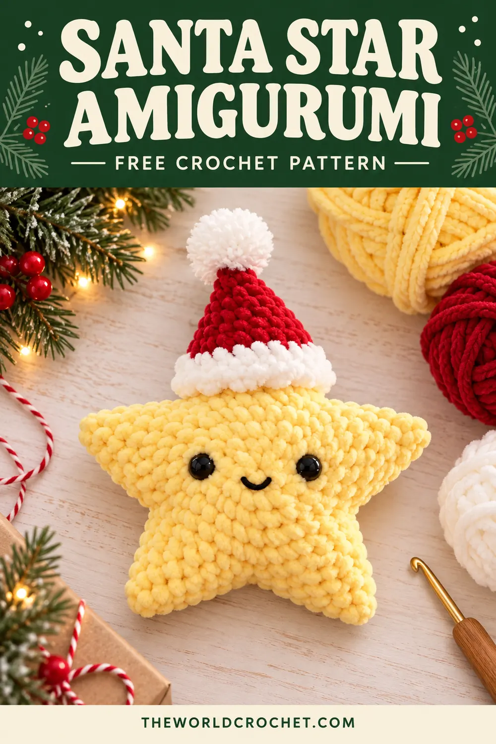 Santa star amigurumi free pattern Pin with green header design