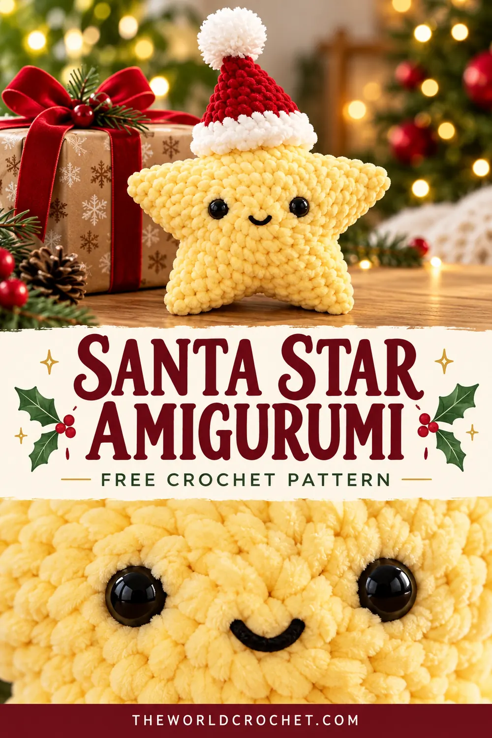 Santa star amigurumi free pattern Pin with photo collage design