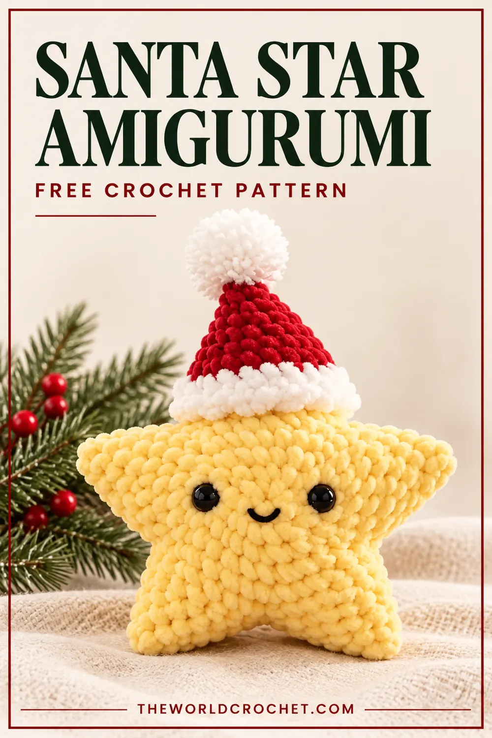 Santa star amigurumi free pattern Pin with cream editorial design