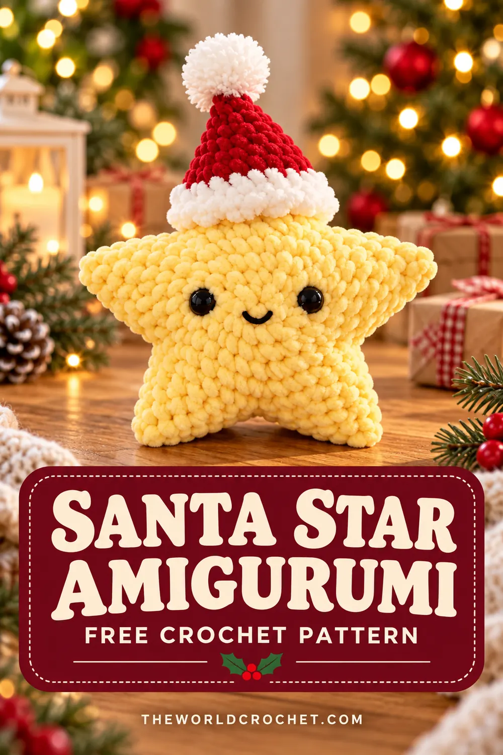 Santa star amigurumi free pattern Pin with festive card design