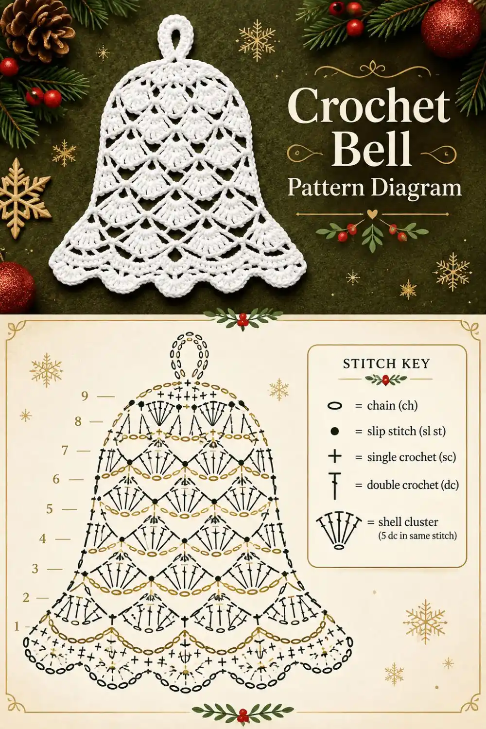 White crochet bell beside a decorative stitch diagram on a green Christmas background.