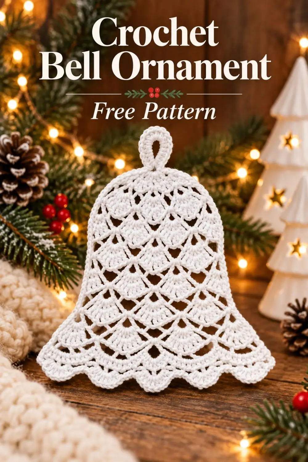 White lace crochet bell beneath Crochet Bell Ornament Free Pattern lettering.