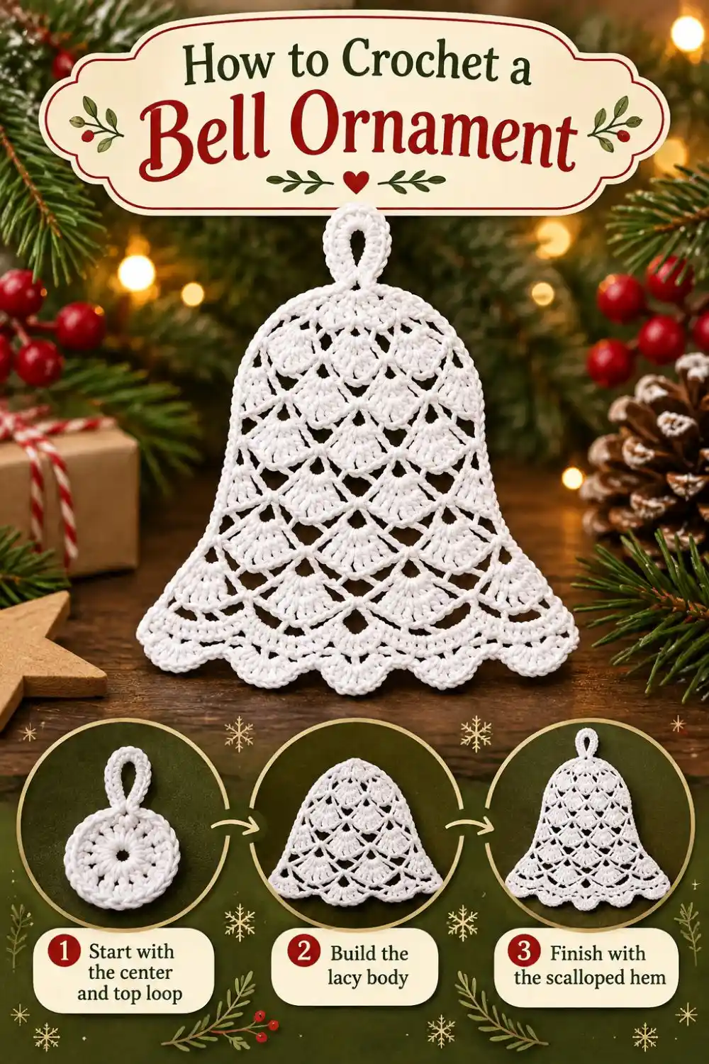 White crochet bell with three illustrative construction stages below the finished ornament.