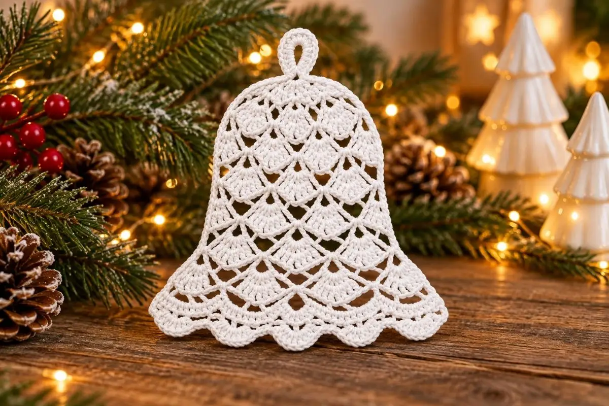 White shell stitch crochet bell with open lace, a scalloped rim and a hanging loop beside Christmas greenery.