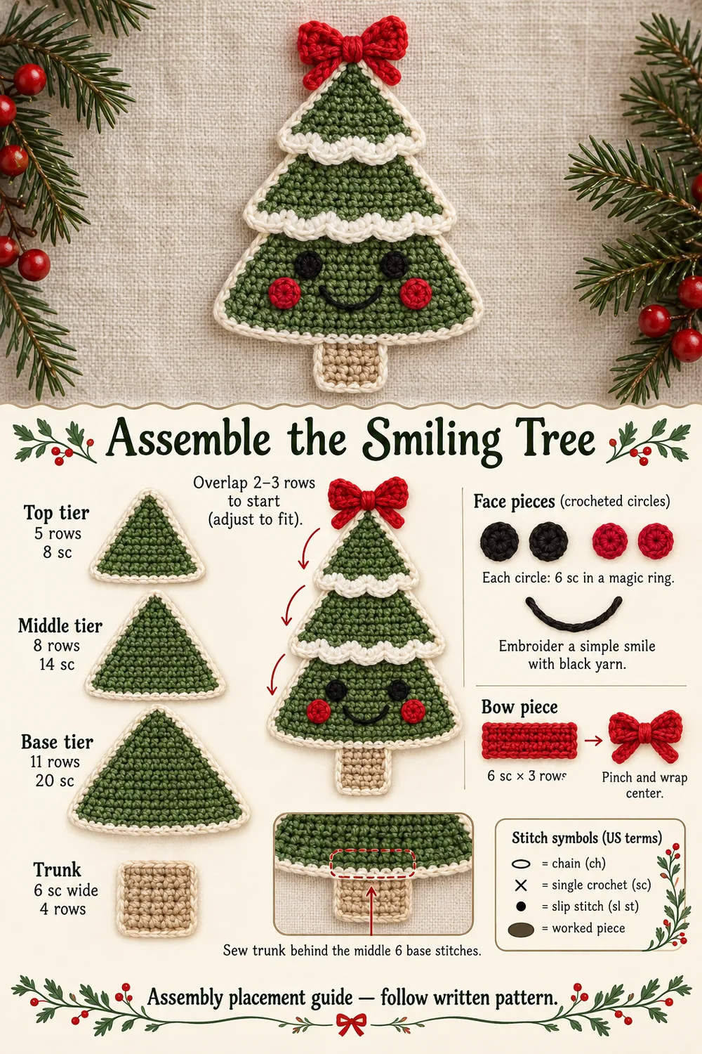 Smiling crochet Christmas tree assembly guide showing three tiers trunk yarn face circles and a red bow