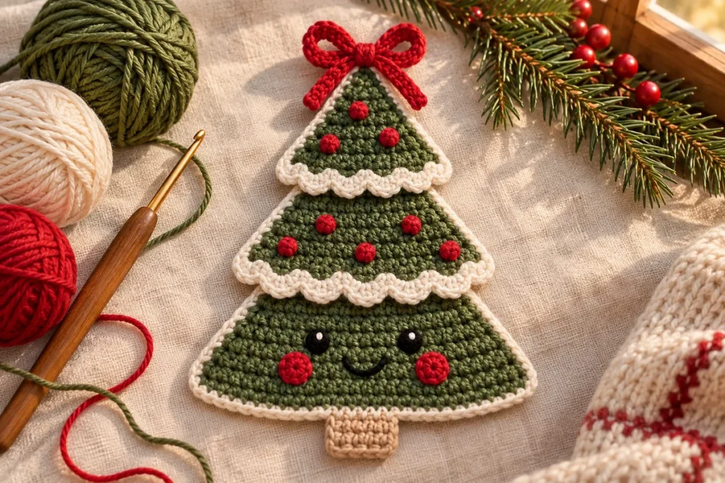 Smiling crochet Christmas tree applique with three green tiers white snow bands and a red bow