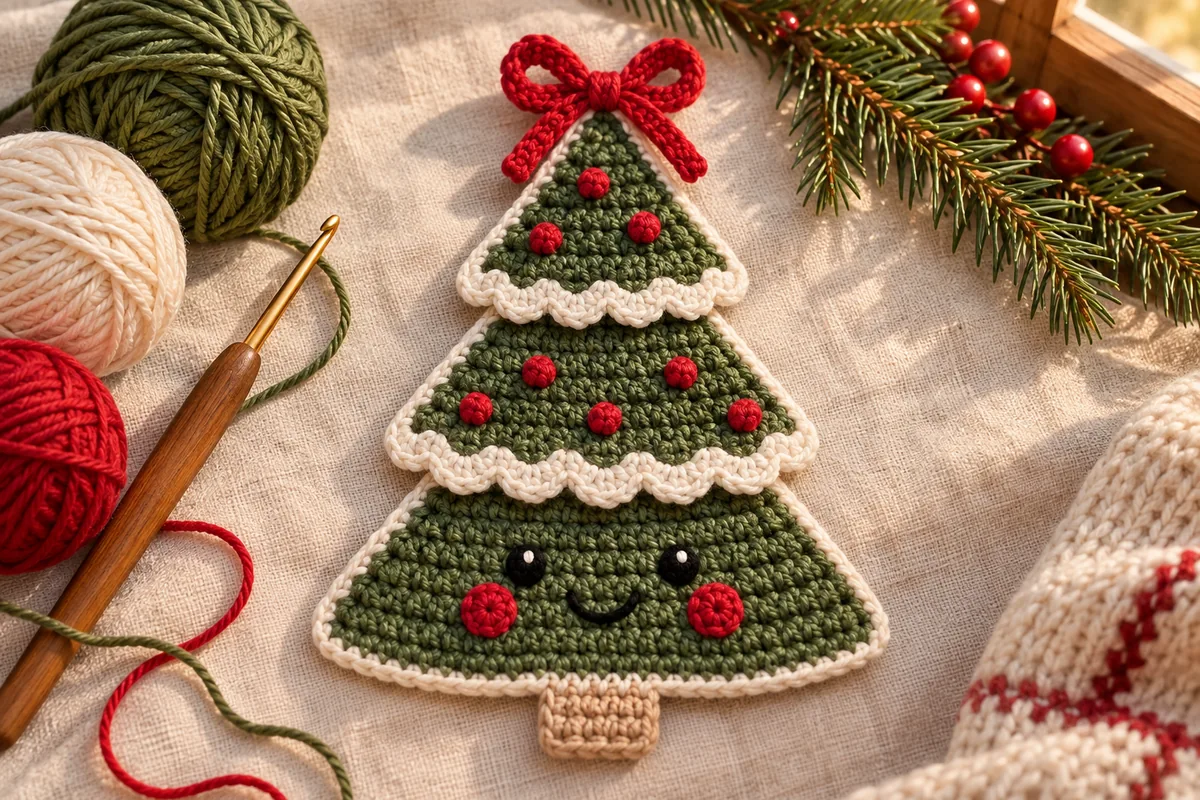 Smiling crochet Christmas tree applique with three green tiers white snow bands and a red bow